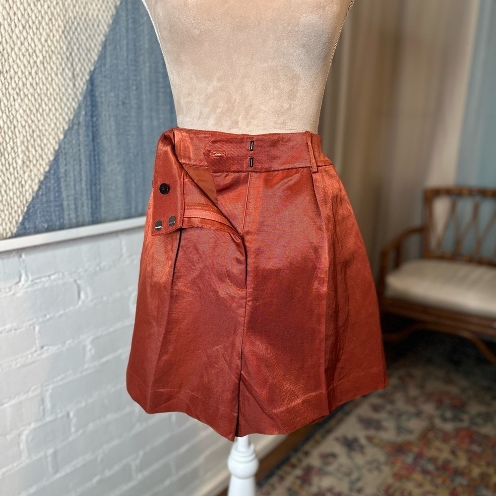 Theory High Waist Linen Blend Pleated Burnt Orange Shorts - Picture 5 of 12